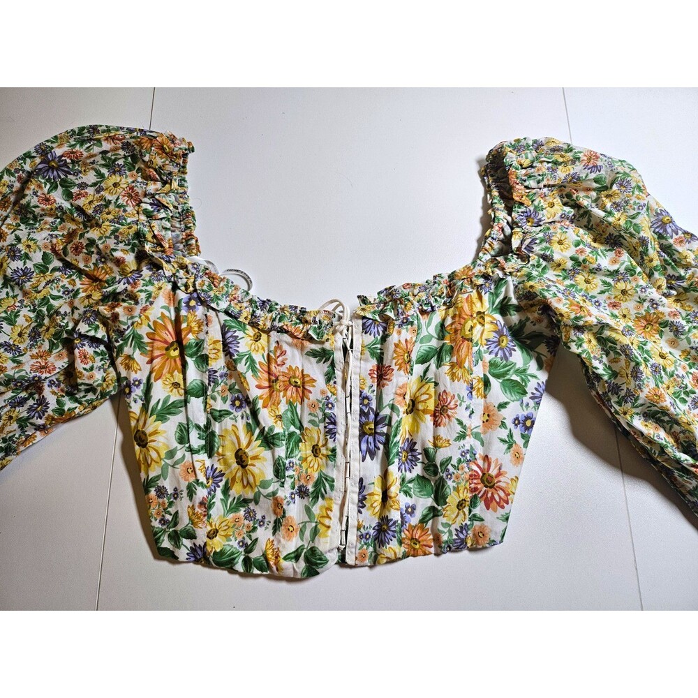 Love & Lemons Women’s Floral Puff Sleeve Smocked & Boned Cropped Corset Top